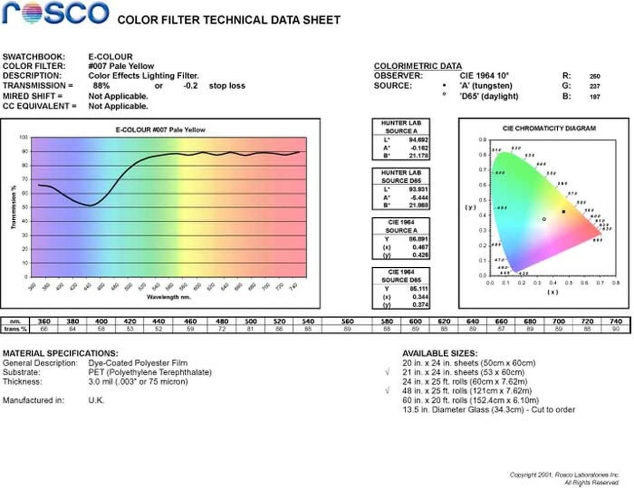 Фильтр Rosco E-Colour+ 007 Pale Yellow