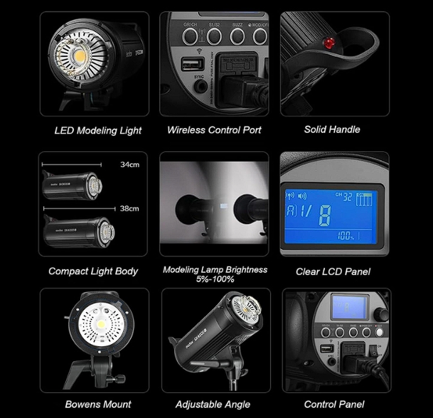 Godox SK400II-V Monolight — спалах з високою потужністю 400 Вт та моделюючим LED світлом 10 Вт для студійного використання